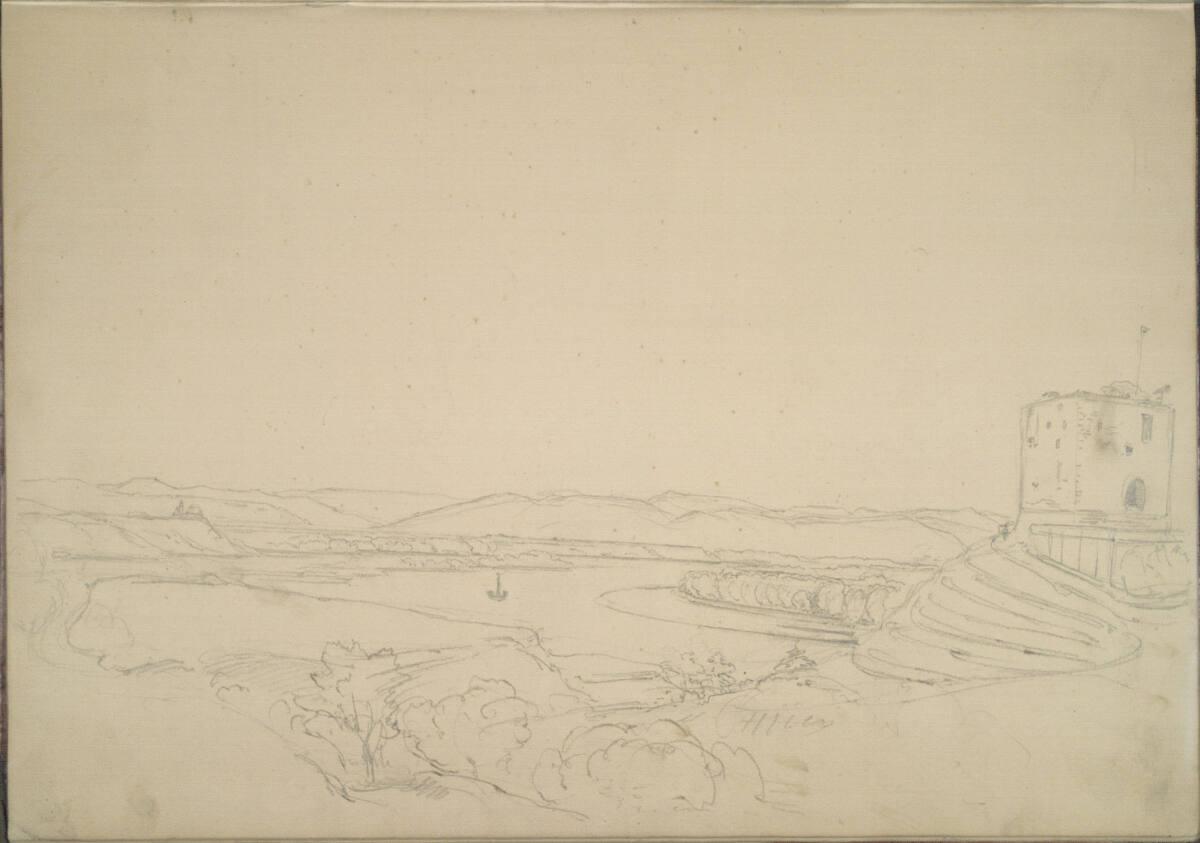 Johann Nepomuk Passini, Flusslandschaft, rechts ein Turm, Inv. Nr.: 30545/19