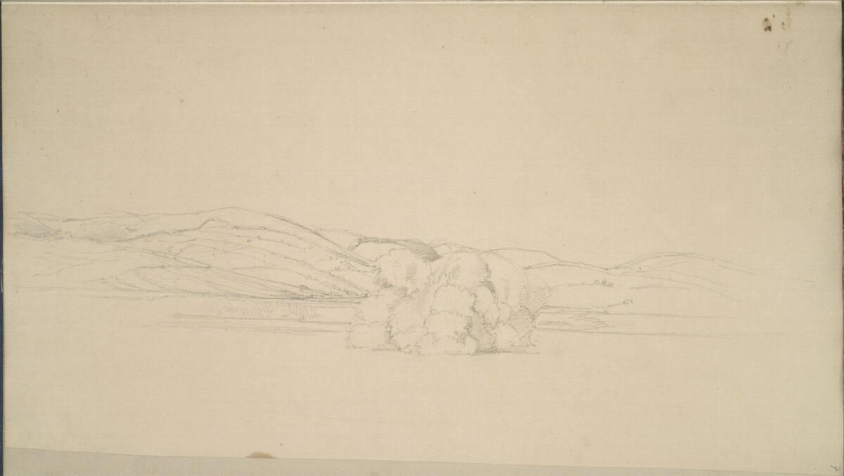 Johann Nepomuk Passini, Berg aus Strohballen vor einer hügeligen Landschaft, Inv. Nr.: 30545/7r