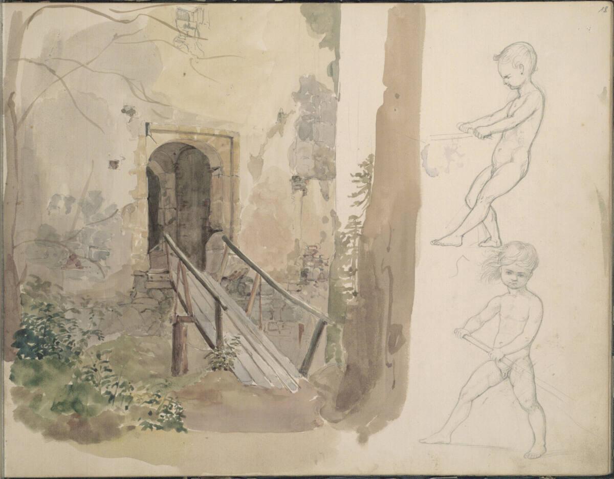 Johann Nepomuk Passini, Gebäudefassade mit Brücke zum Tor; Bewegungsstudien von Kleinkindern, I…