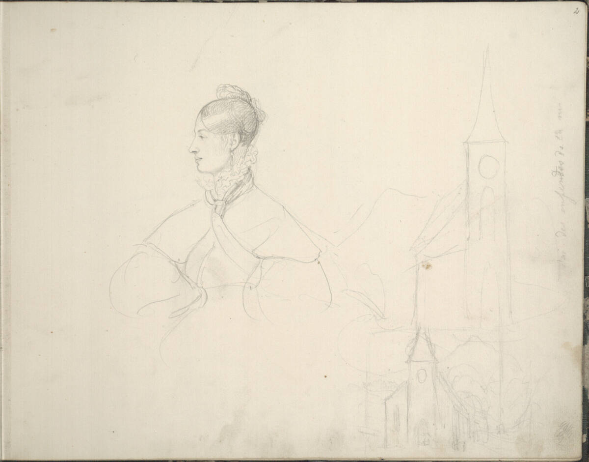 Dame im Profil; grobe Skizze einer Kirche, Johann Nepomuk Passini, 1833–1834