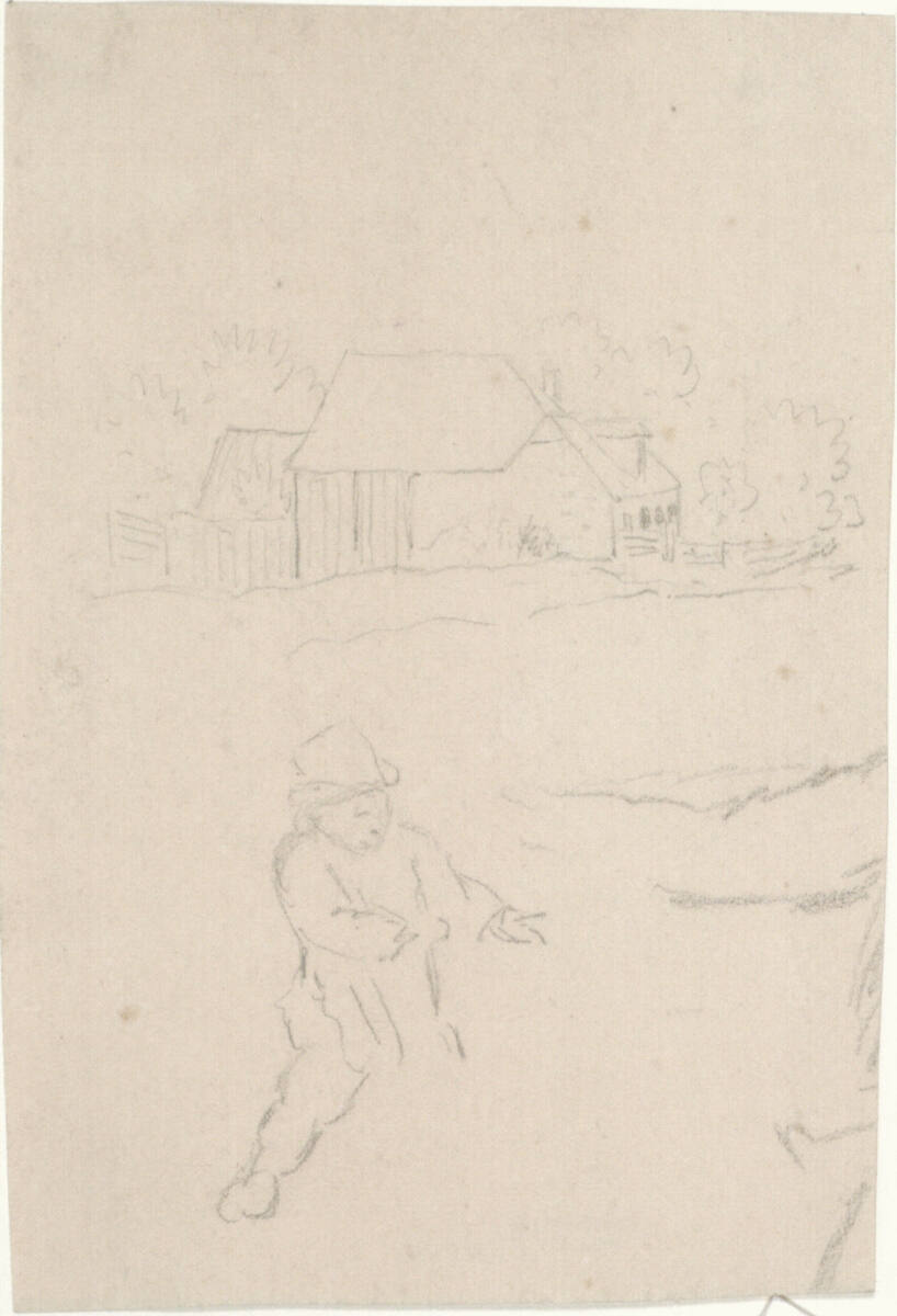 Landschaft mit Bauernhof; skizzenhafte Figur mit Hut im Vordergrund, Matthias Rudolf Toma