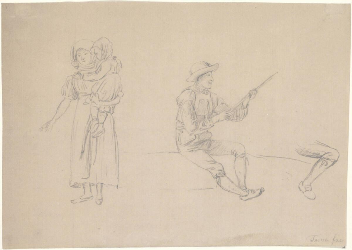 Matthias Rudolf Toma, Stehende Frau mit Kind auf dem Arm; sitzender mit Hut und nach oben gewan…
