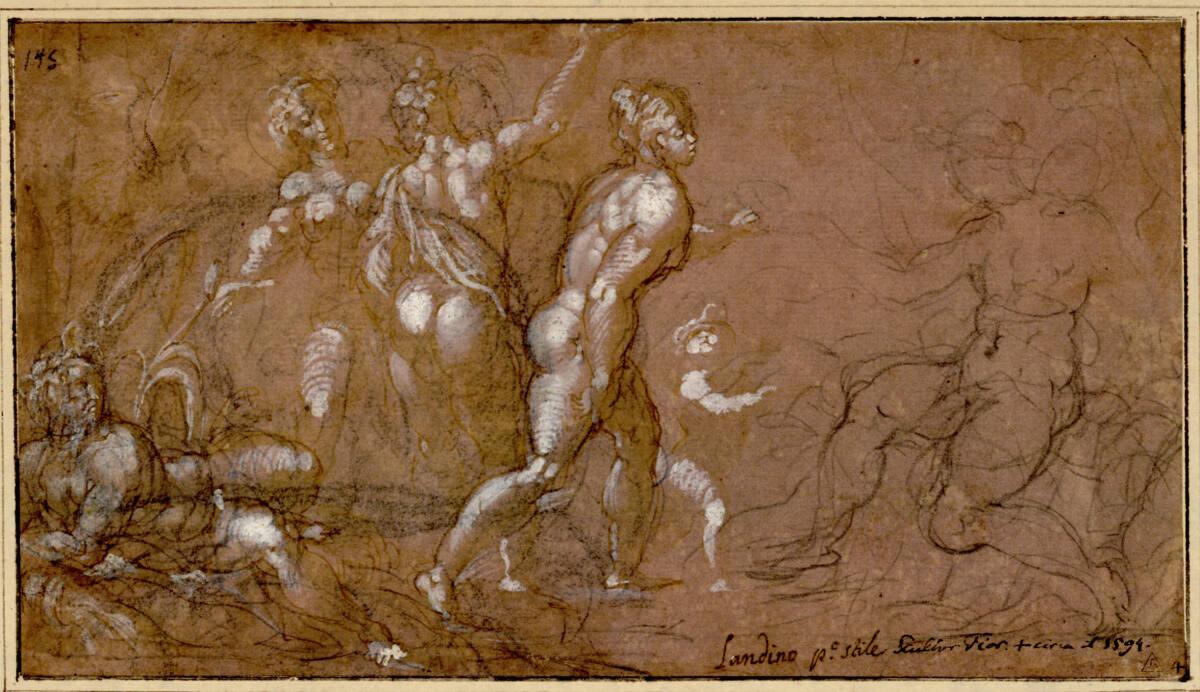 Taddeo Landini, Das Urteil des Paris. (Rechts sitzt Paris, in der Mitte die drei Göttinnen; lin…