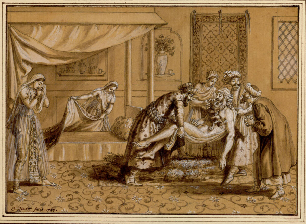 Ein sterbender Parse wird von einem Hund wiederbelebt, Bernard Picart, 1727