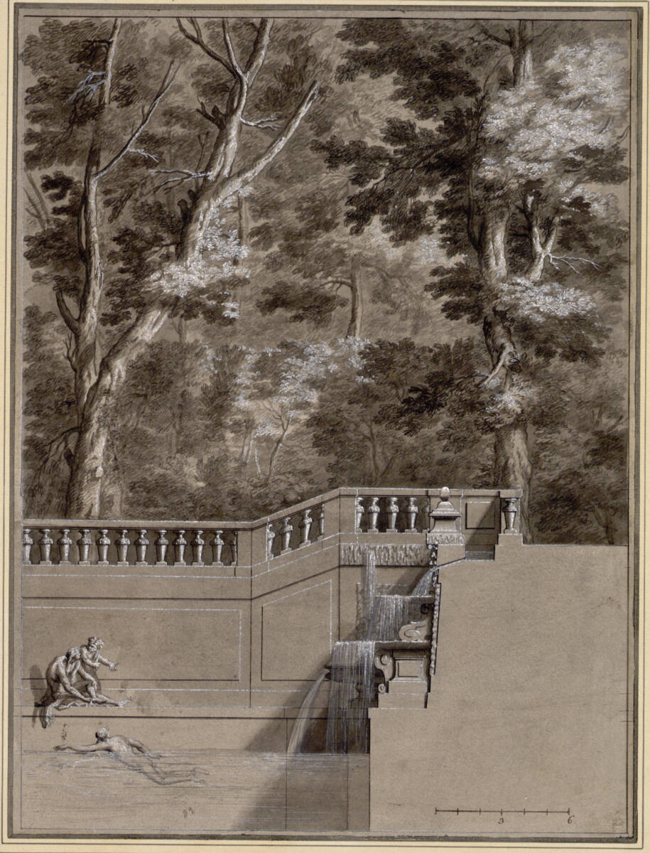 Querschnitt eines Wandbrunnens mit Wasserbecken und darin schwimmenden Figuren, Alexandre Jean-Baptiste Le Blond, 1699