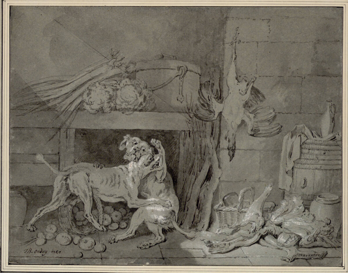 Zwei Hunde kämpfen in der Küche, Jean-Baptiste Oudry