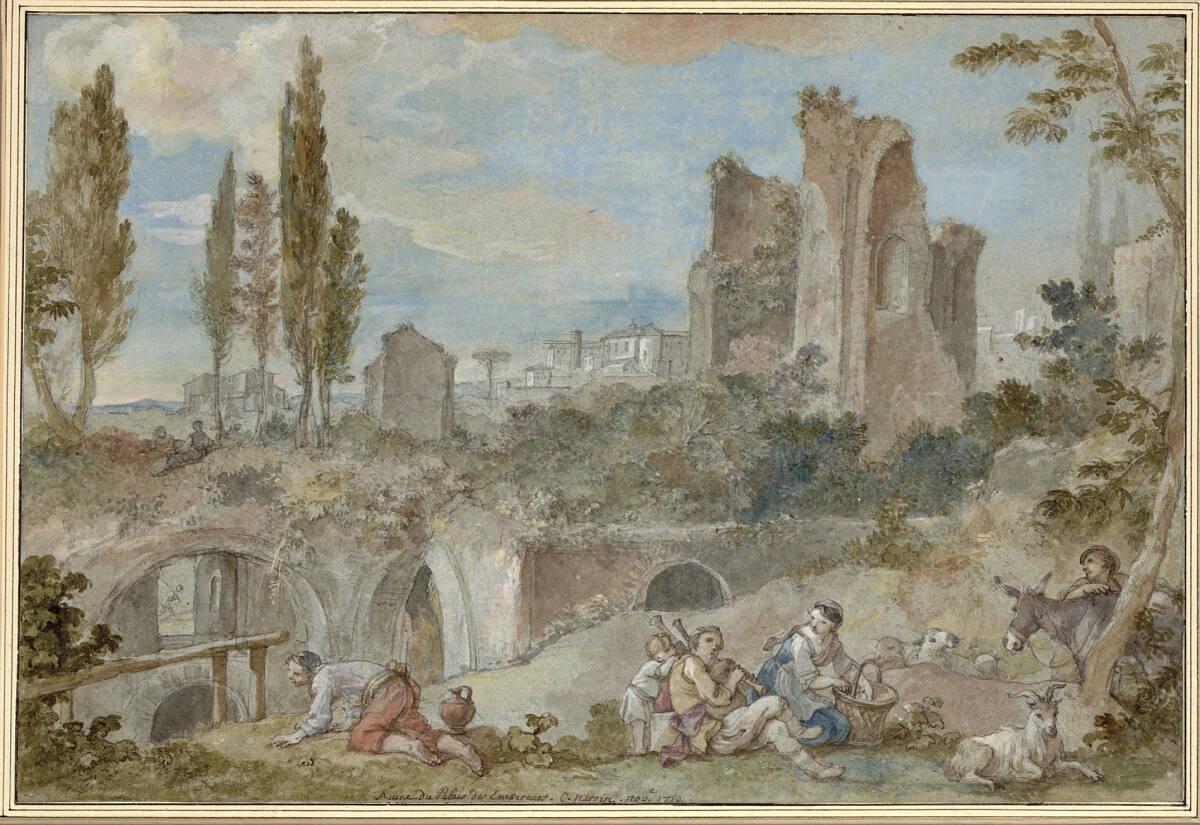 Charles-Joseph Natoire, Blick auf die Ruinen der Kaiserpaläste in den Farnesischen Gärten auf d…