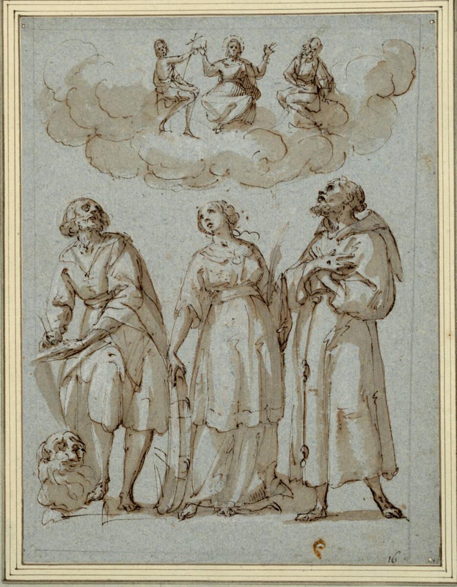 Francesco Allegrini, Christus zwischen Johannes dem Täufer und der Madonna erscheint auf Wolken…