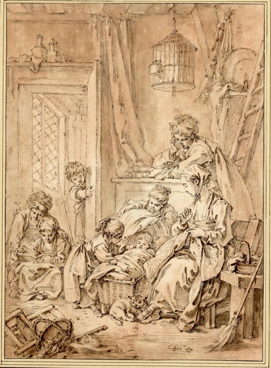 François Boucher, Ländliches Familienidyll mit 6 Kindern und einer Katze, Inv. Nr.: 12155