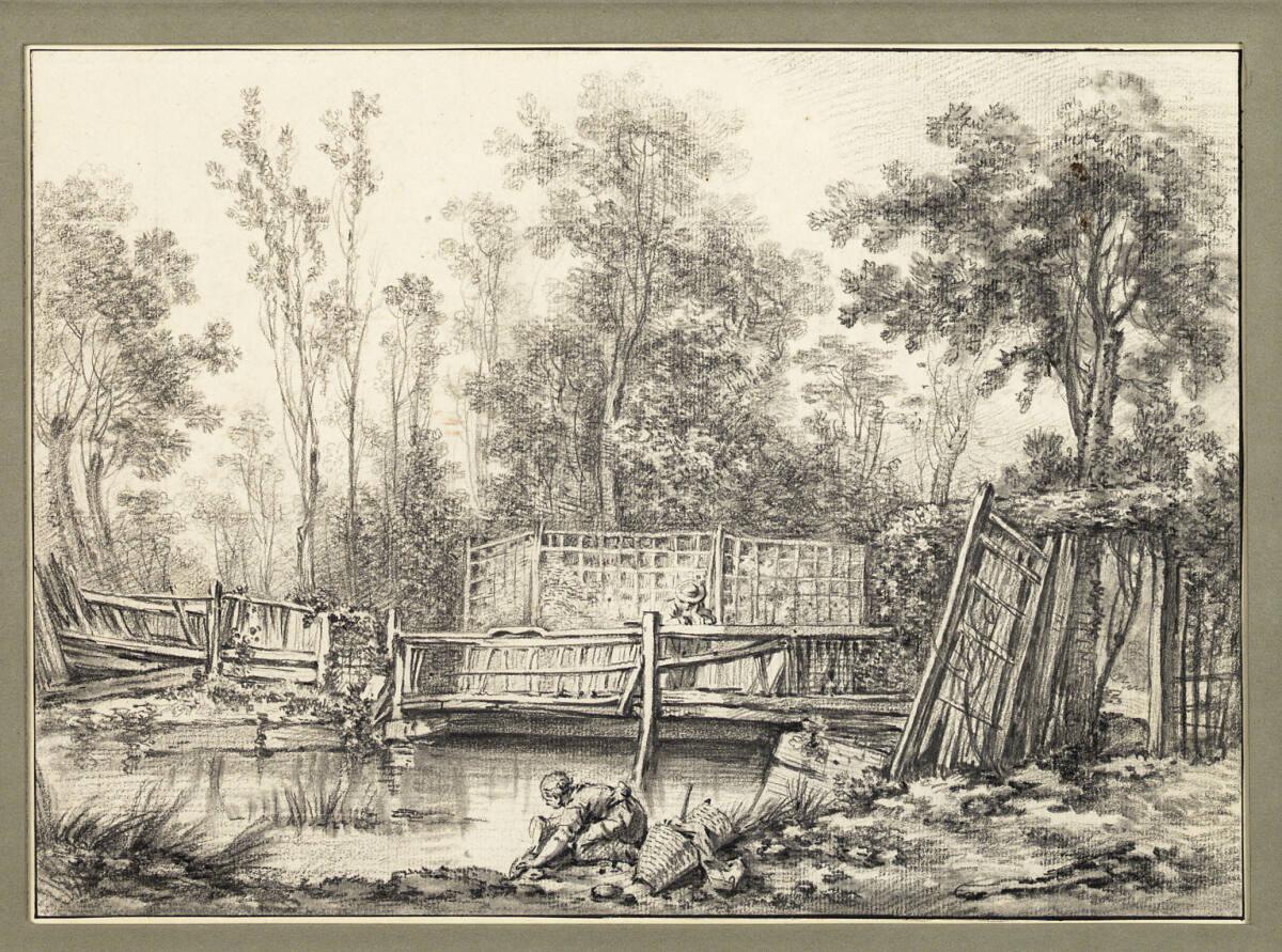 François Boucher, Parklandschaft in Arcueil mit Fluss, Brücke und einer Wäscherin, Inv. Nr.: 12…