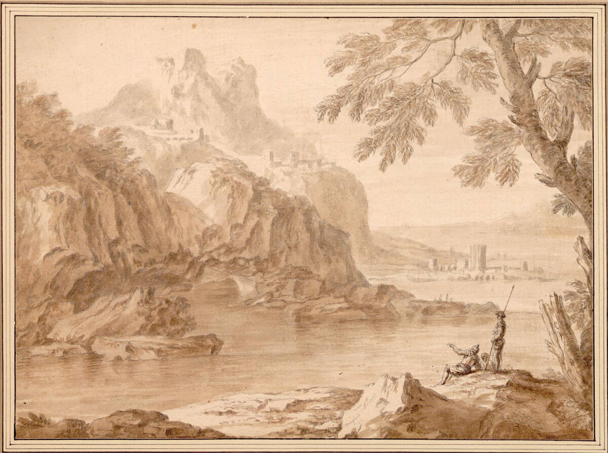 Flusslandschaft am Fuße eines Felsens mit Befestigungsanlagen, Adrien Manglard