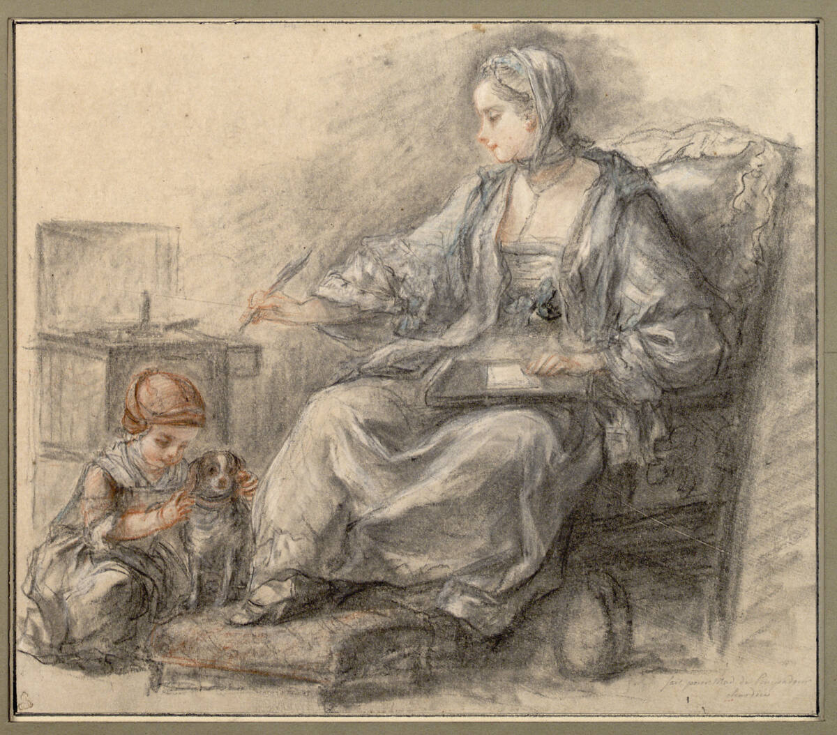 Schreibende Dame und ein kleines mit einem Hund spielendes Mädchen (vermutlich Marquise de Pompadour und ihre Tochter Alexandrine), FrançoisGuérin