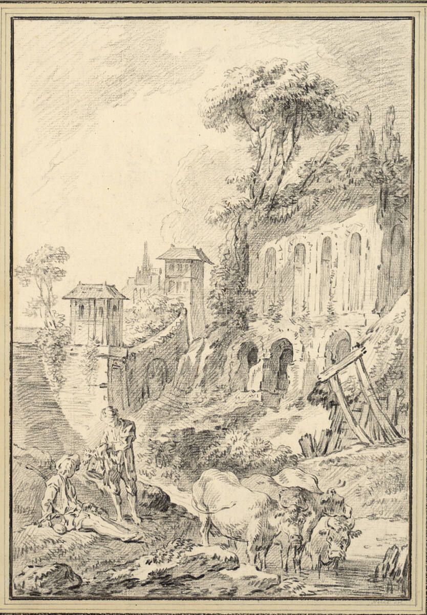 Landschaft mit Gebäuden und Viehtränke, Jean-Baptiste Huet