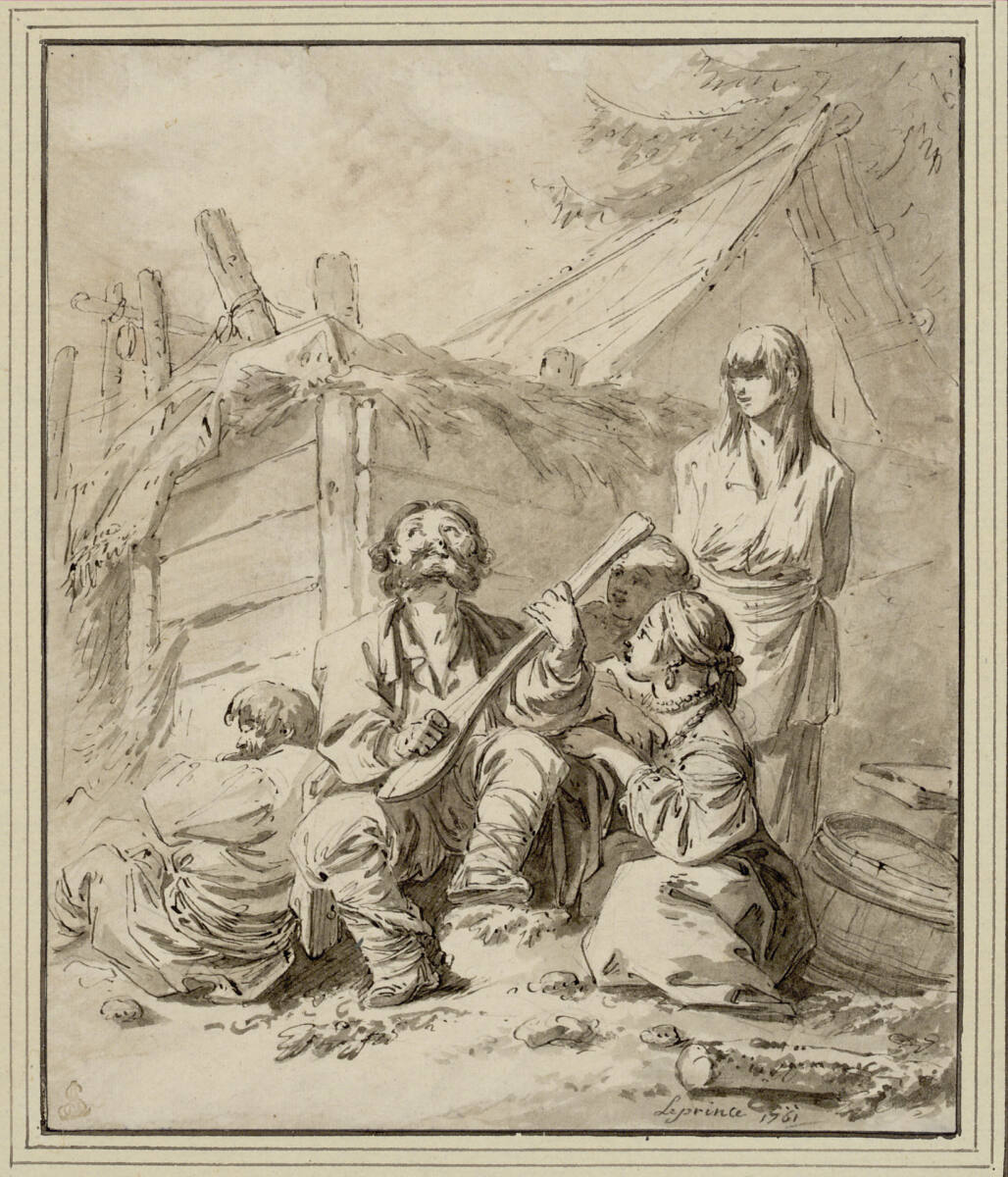 Musizierender russischer Bauer mit Zuhörern, Jean-Baptiste Le Prince, 1761