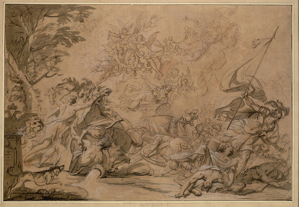 Mars von Minerva angehalten, um ihm das vom Sieg bekrönten Porträt des österr. Feldmarschalls Franz Moritz Graf von Lacy zu präsentieren, Nicolas Guibal, 1779