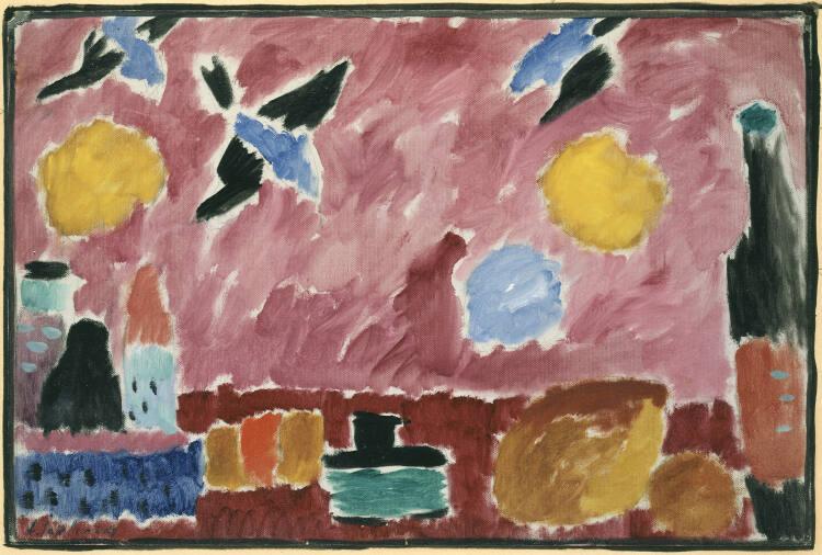 Alexej von Jawlensky, Mit roter Schwalbentapete (Stillleben mit Flasche, Brot und roter Schwalb…
