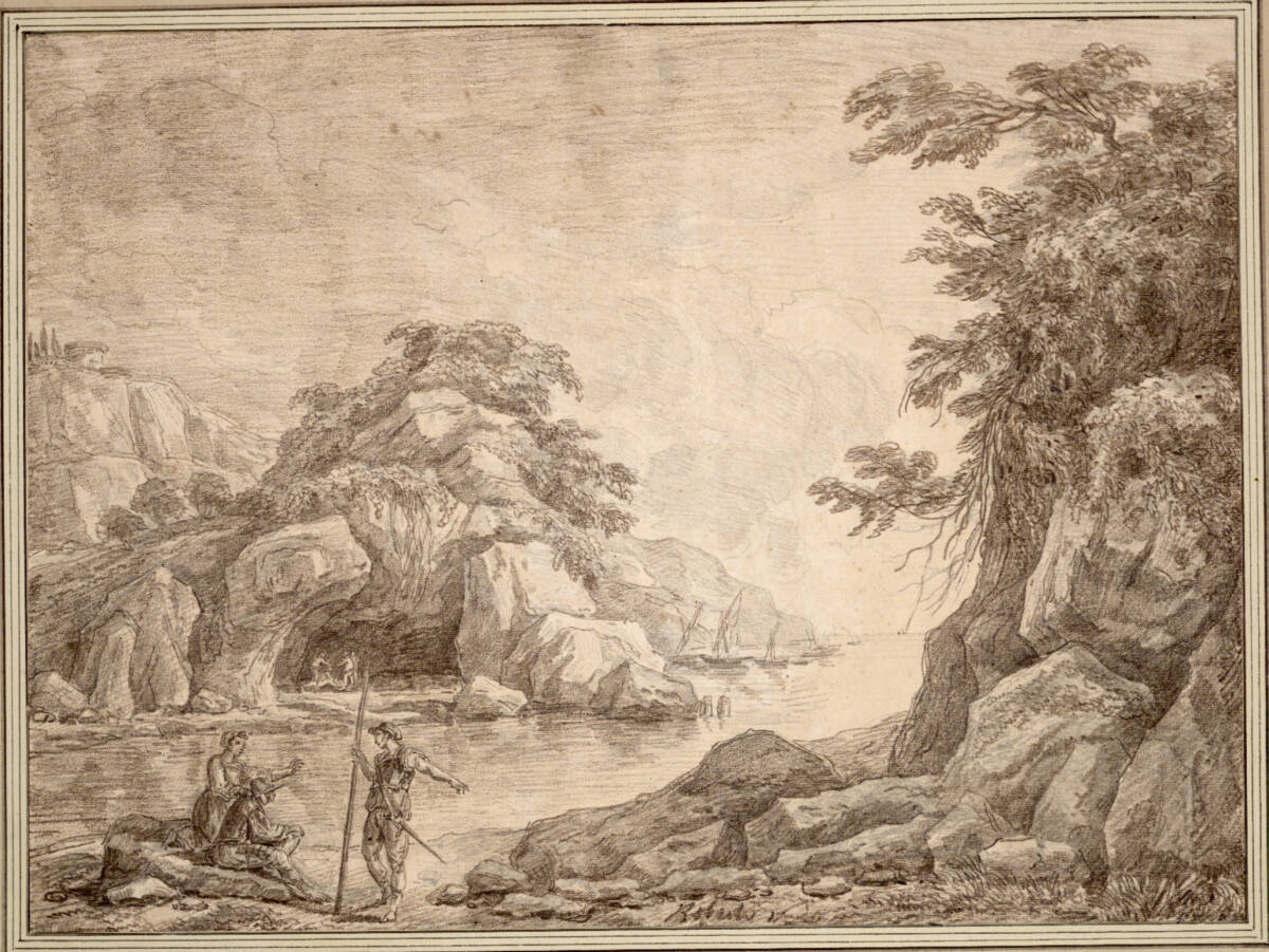 Felsige Flußlandschaft mit Staffagefiguren, Hubert Robert, 1761