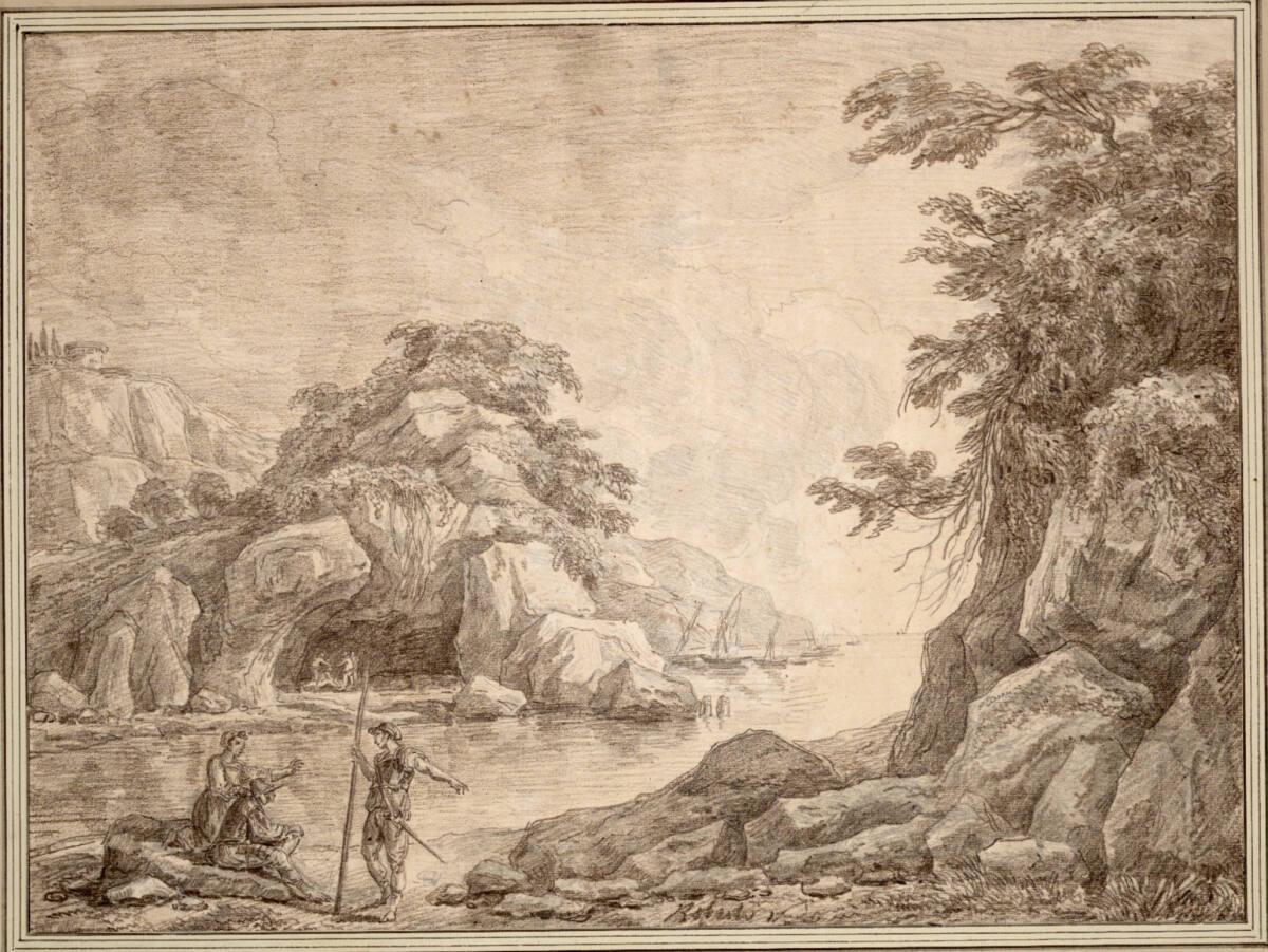 Hubert Robert, Felsige Flußlandschaft mit Staffagefiguren, Inv. Nr.: 12425