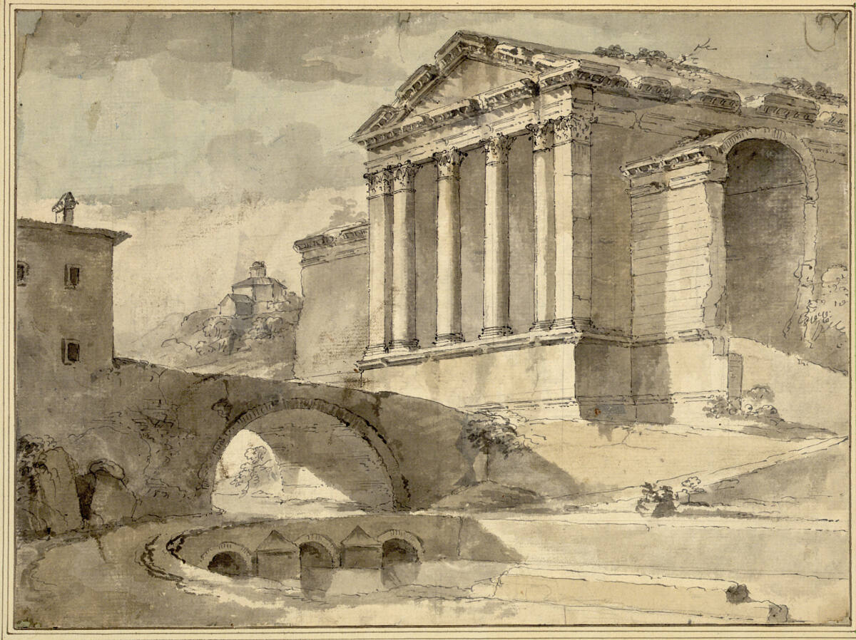 Tempel mit korinthischen Säulen an einer steineren Brücke, Charles-Louis Clérisseau