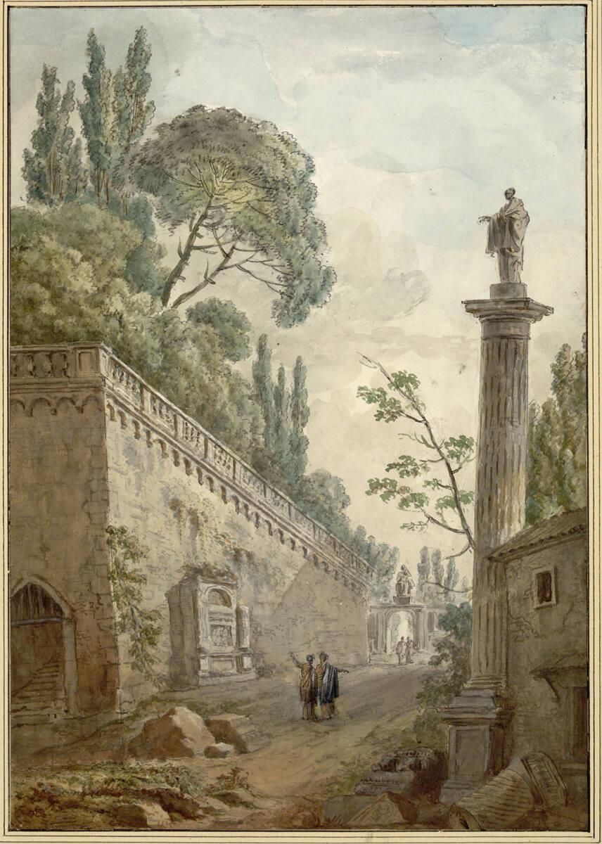 Charles-Louis Clérisseau, Landschaft mit Weg, Gartenmauer und Säule, Inv. Nr.: 12452