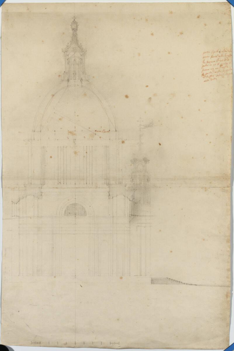 Rom, Sant´ Agnese, Längsschnitt mit Entwurf für Kuppellaterne und Glockentürme, Inv. Nr.: AZRom…