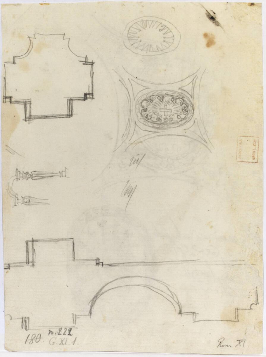 Rom, San Giovanni in Laterano, Teil-Grundriss des Langhauses und  Detailstudien, u.a. zu San Ca…