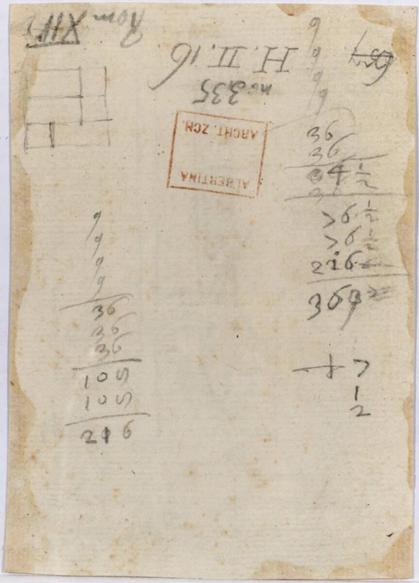 Unbestimmt, geometrische Skizze und Aufrechnungen, Inv. Nr.: AZRom335v