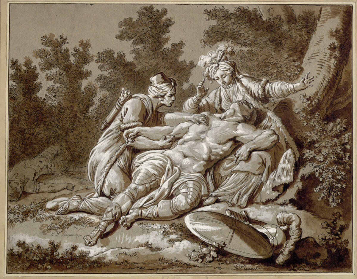 Erminia und Vafrino pflegen den verwundeten Tankred, PhilippeLouisParizeau, 1770