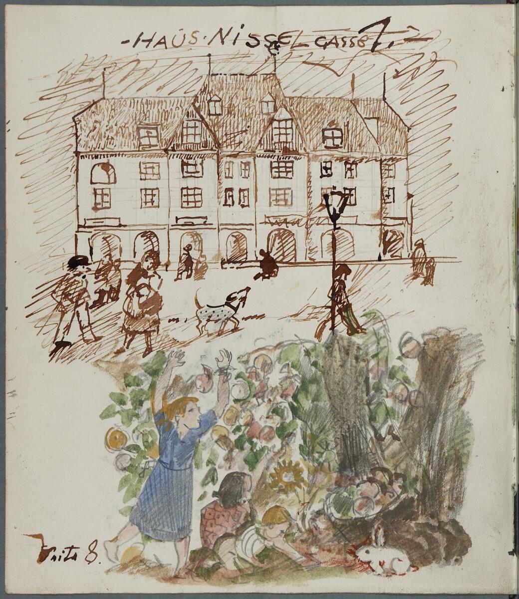 Oskar Laske, Illustrationen einer Szene vor dem Haus Nisselgasse 1 und einer Szene mit spielend…