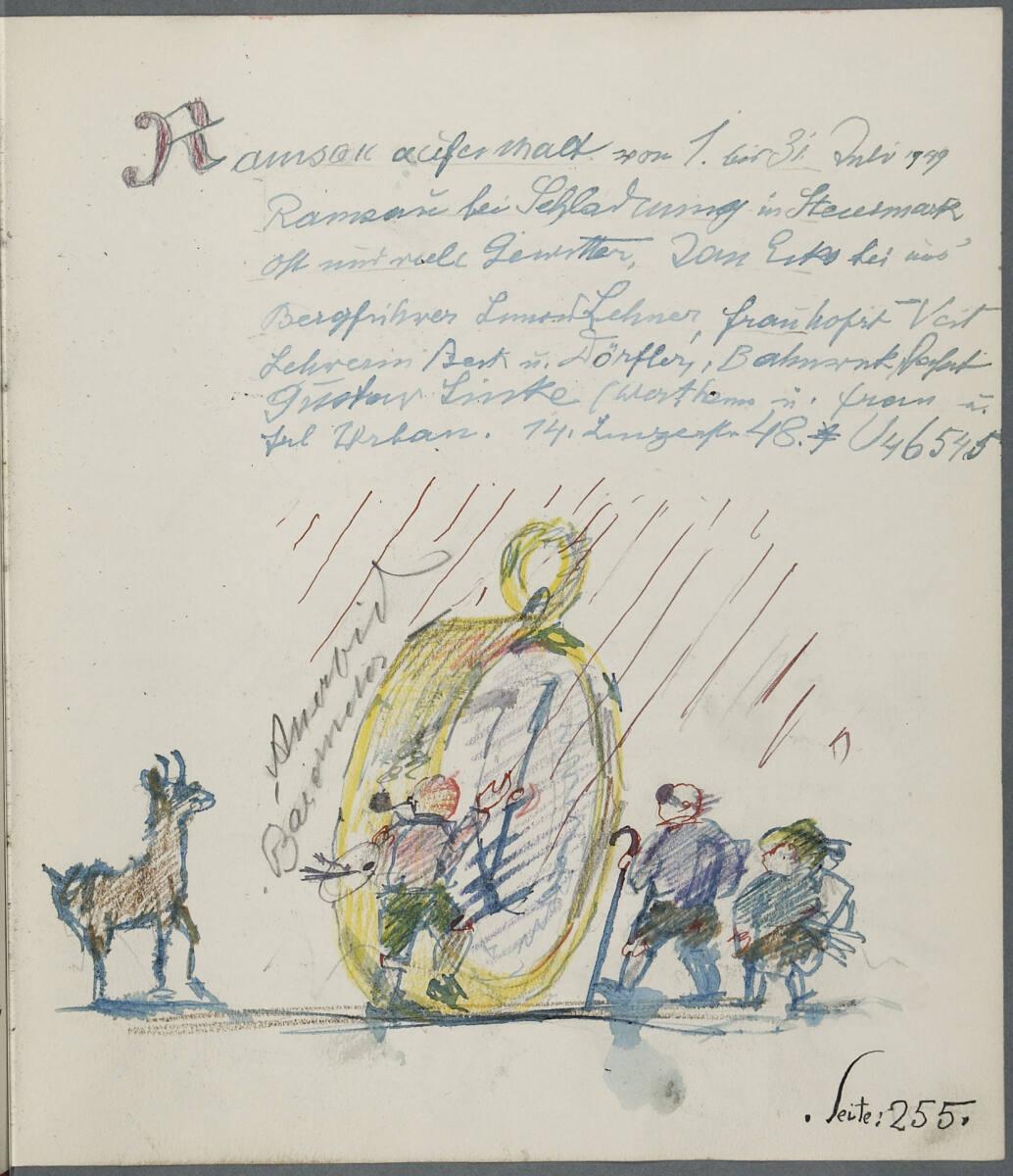 Oskar Laske, "Ramsauaufenthalt von 1. bis 31. Juli 1949..."; Illustration einer Szene mit Oskar…