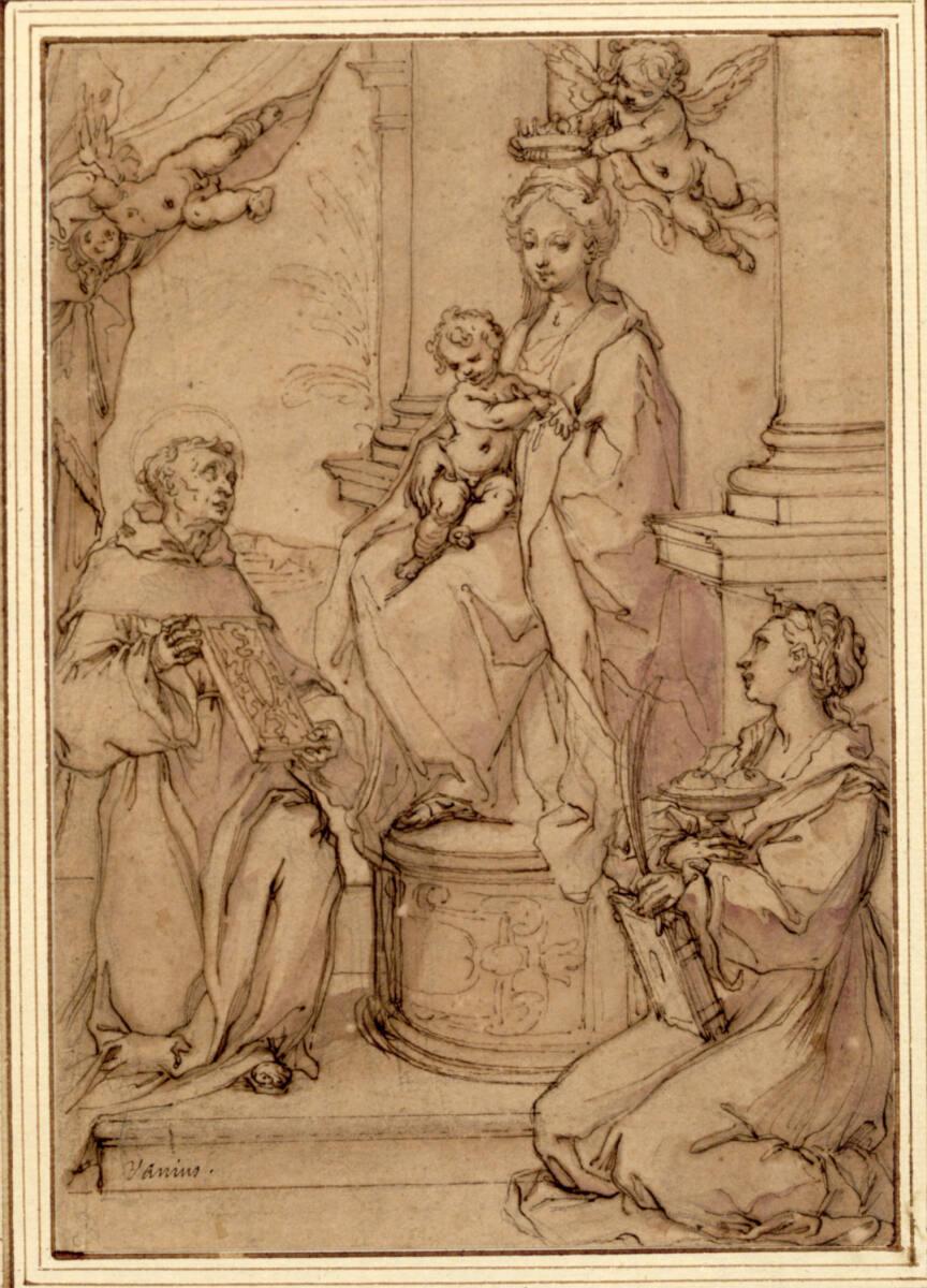 Francesco Vanni, Die thronende Madonna mit dem Kind und dem Heiligen Bernardino von Siena und A…