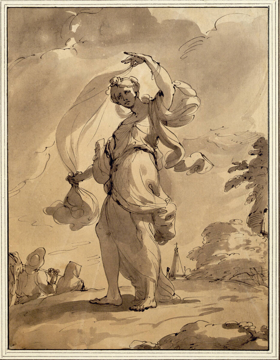 Stehende weibliche Figur mit Schleier; im Hintergrund die Spitze eines Kirchturms und ein Bauernpaar, Ubaldo Gandolfi