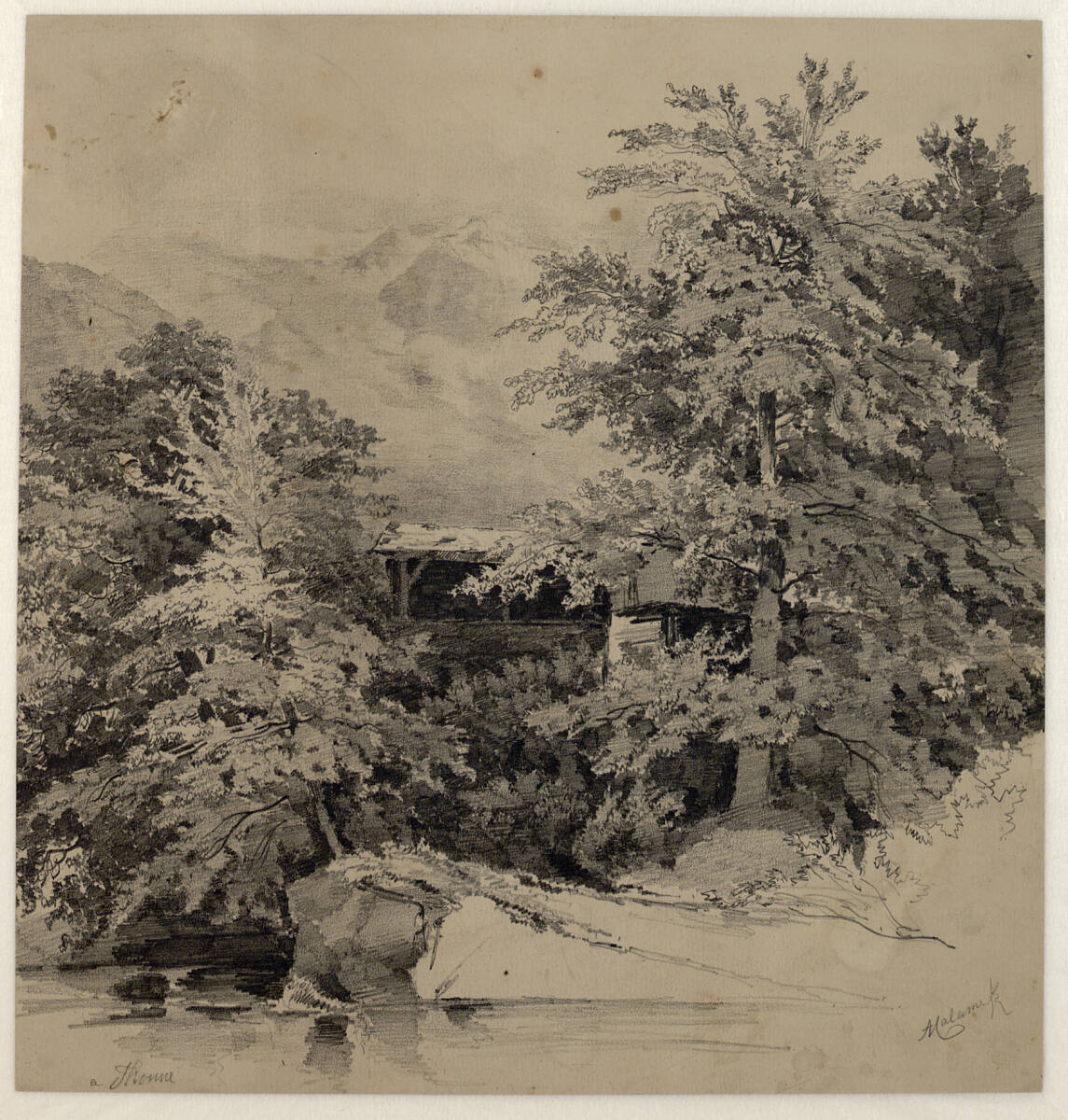 Waldstück am Wasser mit Durchblick auf einen Gebirgsstock, Alexandre Calame