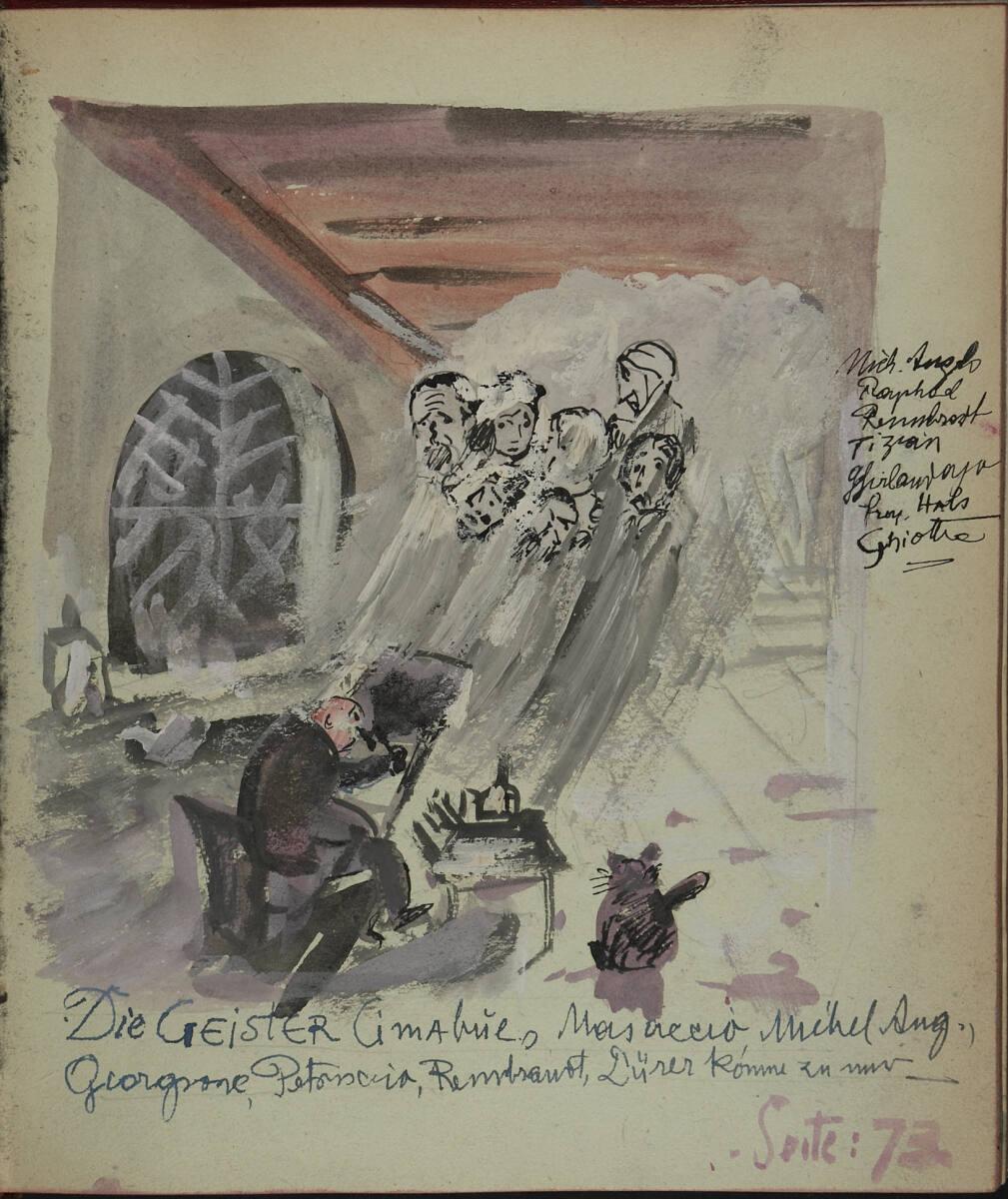 Oskar Laske, "Die Geister Cimabue, Masaccio, Michel Ang., Giorgione, Rembrandt, Dürer kommen zu…