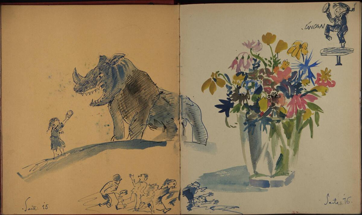 Oskar Laske, Ein Mädchen, einem Riesennashorn eine Orange hinhaltend, ein Blumenstillleben und …
