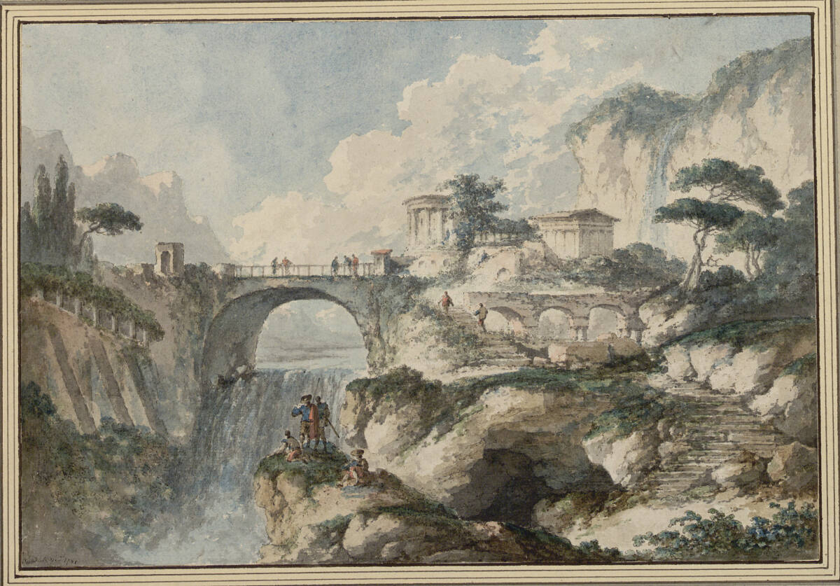 Landschaft mit steinerner Brücke, Tempel und Rundbogenarchitektur, Claude-Louis Châtelet, 1781