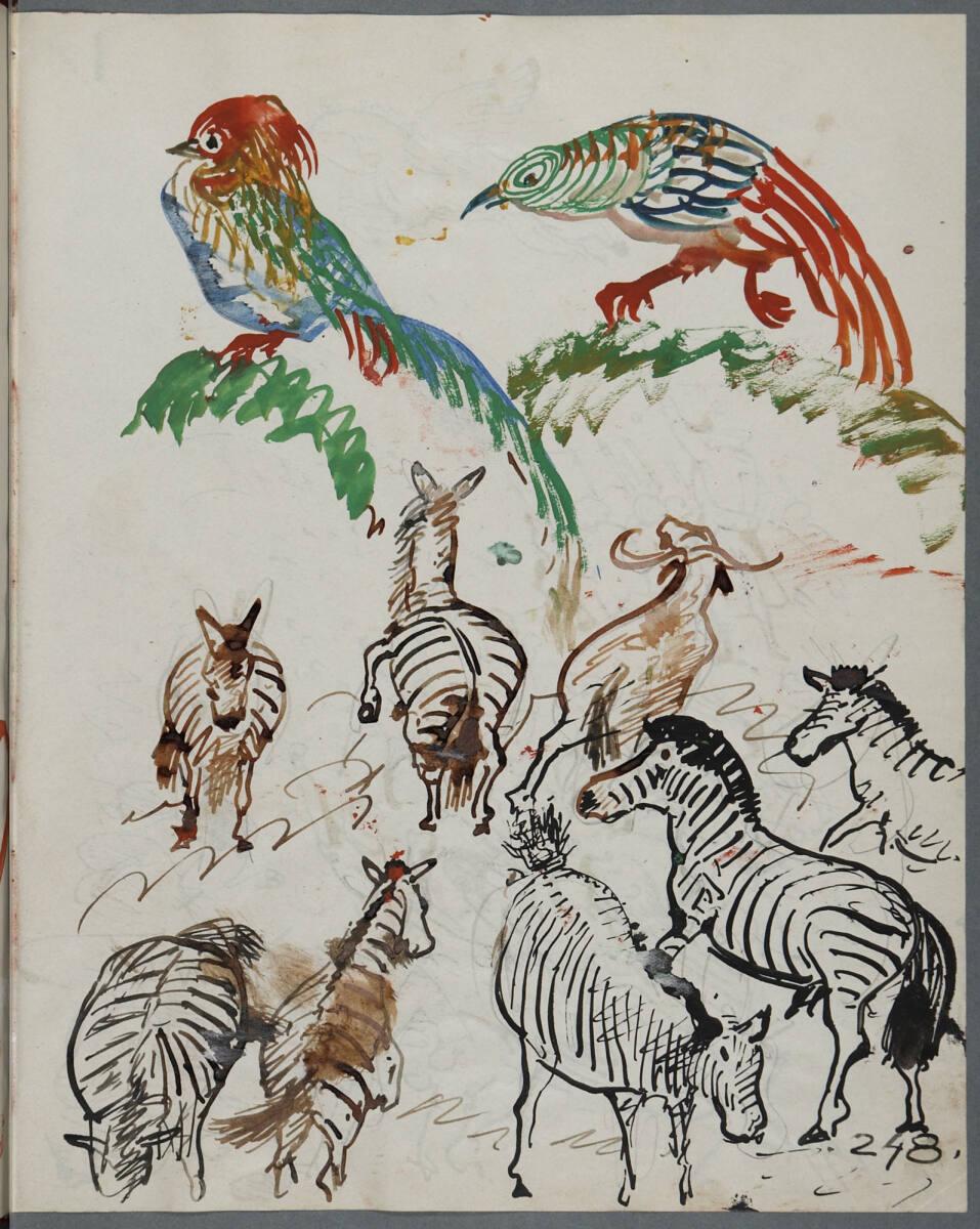 Oskar Laske, Vögel, Zebras, ein Gnu (Bewegungsstudien), Inv. Nr.: 35007/5/248