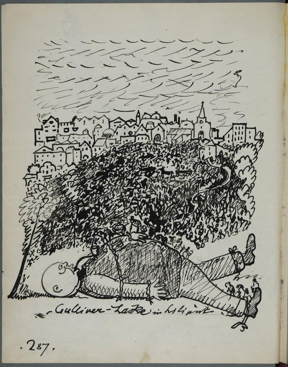 Oskar Laske, Gulliver-Laske in Liliput. Illustration des gefesselten Künstlers, Inv. Nr.: 35007…