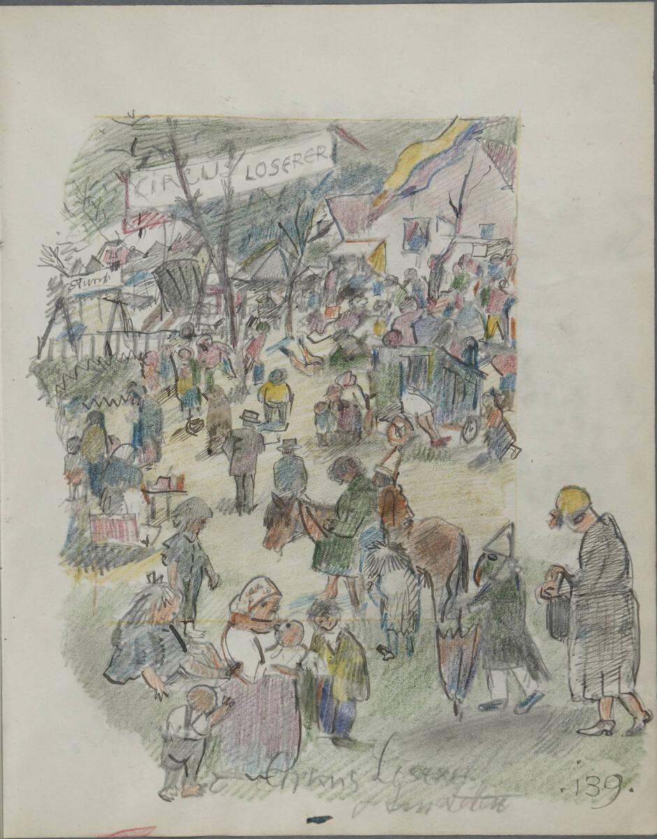 Oskar Laske, Illustration einer belebten Szene um den Cirkus Loserer, Inv. Nr.: 35007/5/139