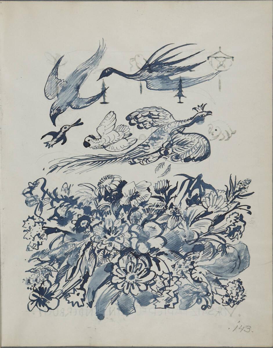 Oskar Laske, Illustration verschiedener Vögel, über ein Blumenfeld fliegend, Inv. Nr.: 35007/5/…