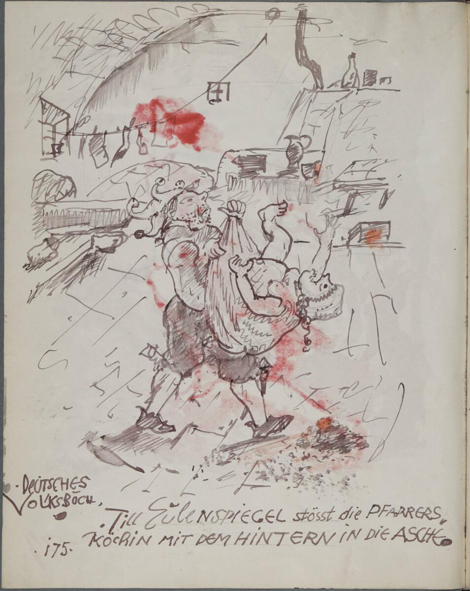 Oskar Laske, Till EULENSPIEGEL stösst die PFARRERSKÖCHIN MIT DEM HINTERN IN DIE ASCHE. Illustra…
