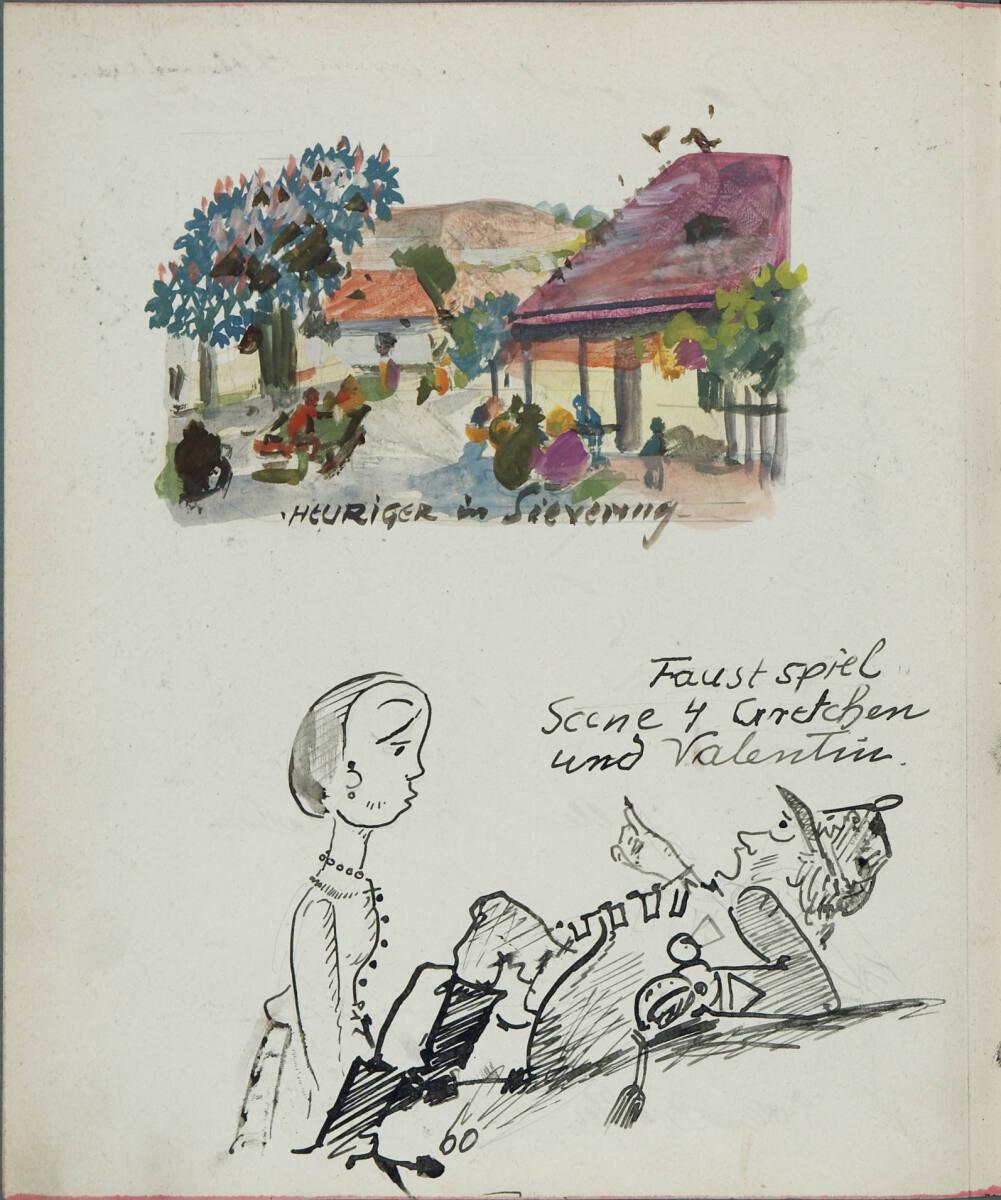 Oskar Laske, Illustrationen einer Heurigenszene in Sievering und der Szene 4 in Goethes 'Faust'…