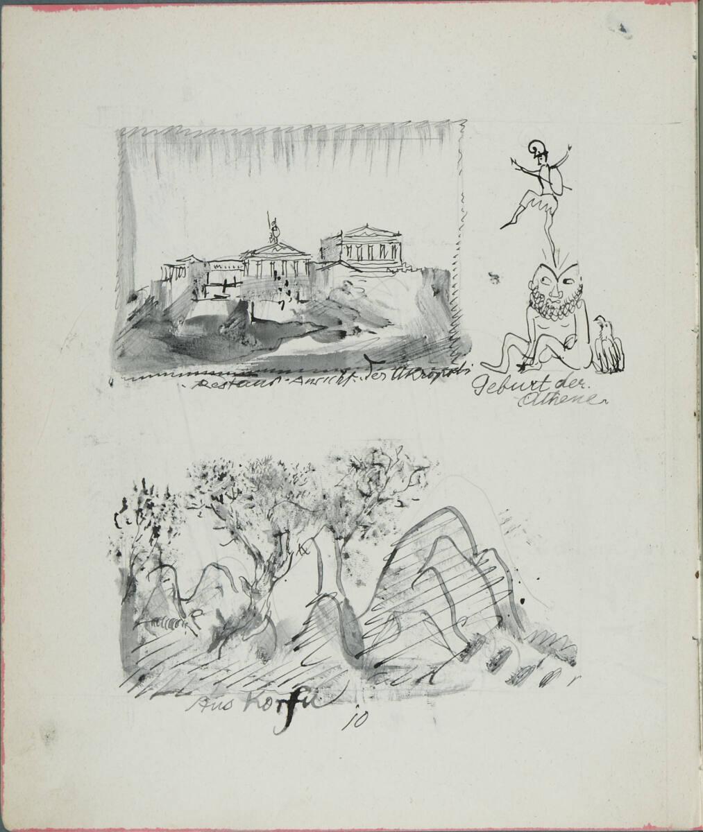 Oskar Laske, Illustrationen von der Akropolis, der Geburt der Athene und von Korfu, Inv. Nr.: 3…