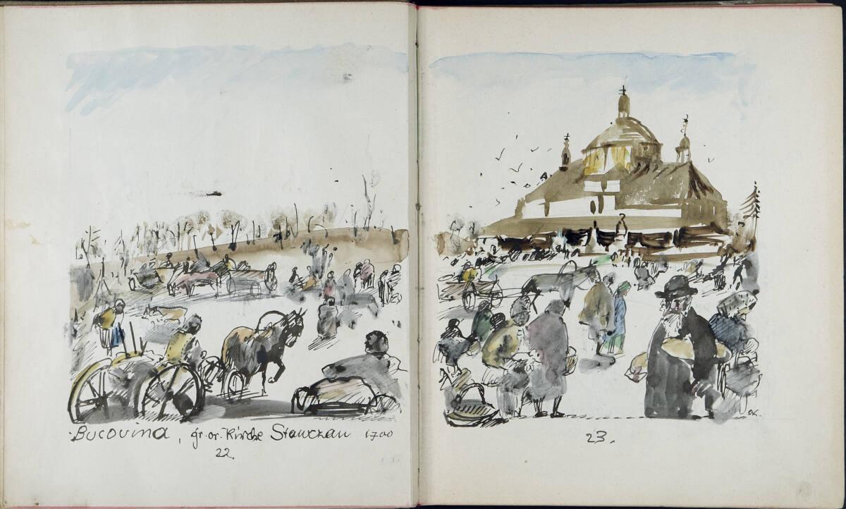 Oskar Laske, Illustration einer Straßenszene vor der Kirche Stawczan in Bucovina, Inv. Nr.: 350…
