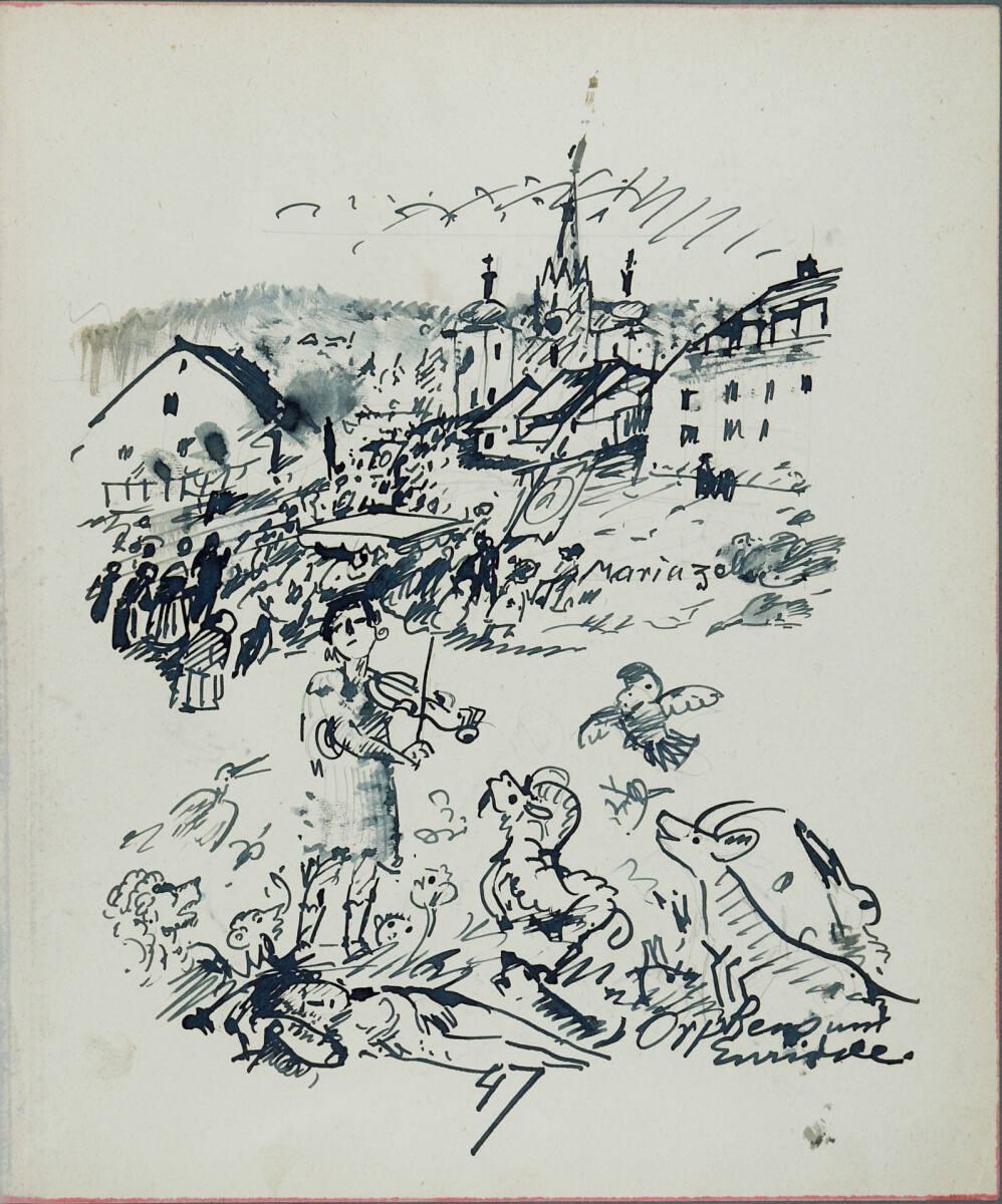 Oskar Laske, Illustrationen einer Straßenszene in Mariazell und einer Szene aus 'Orpheus und Eu…