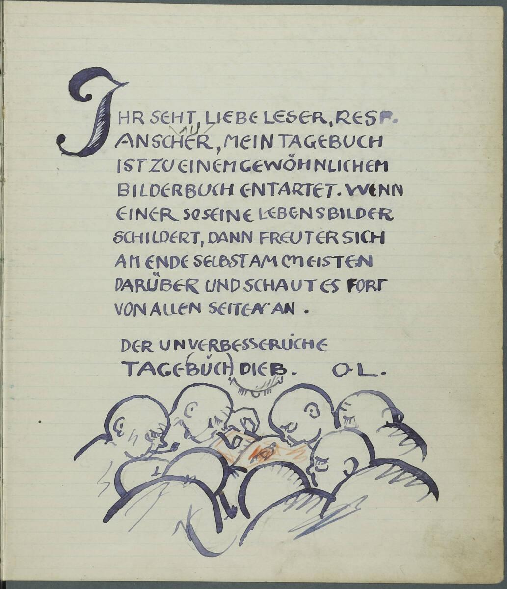 Oskar Laske, Titelseite; Illustration des Künstlers in mehrfacher Ausgabe beim Lesen seines Tag…