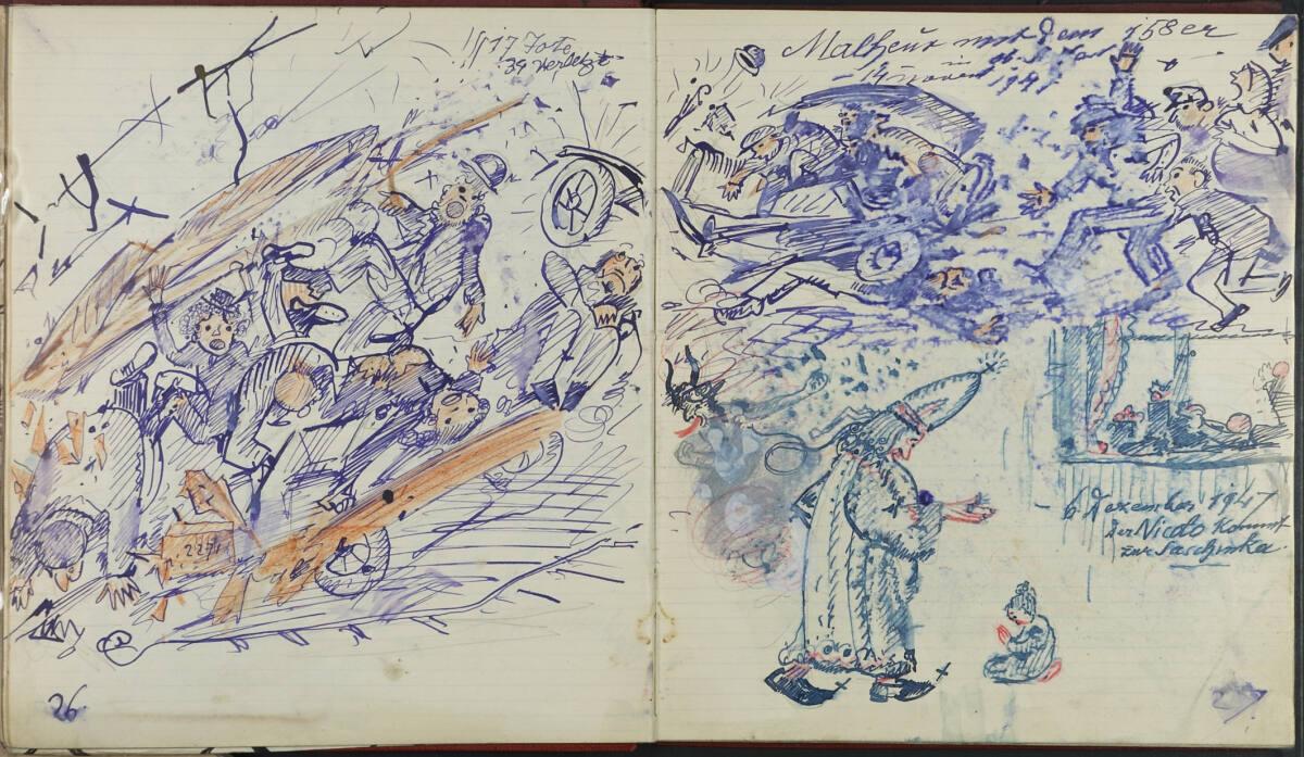 Oskar Laske, Illustration eines Unfalls mit dem 158er und vom Besuch des Nikolaus bei Saschinka…