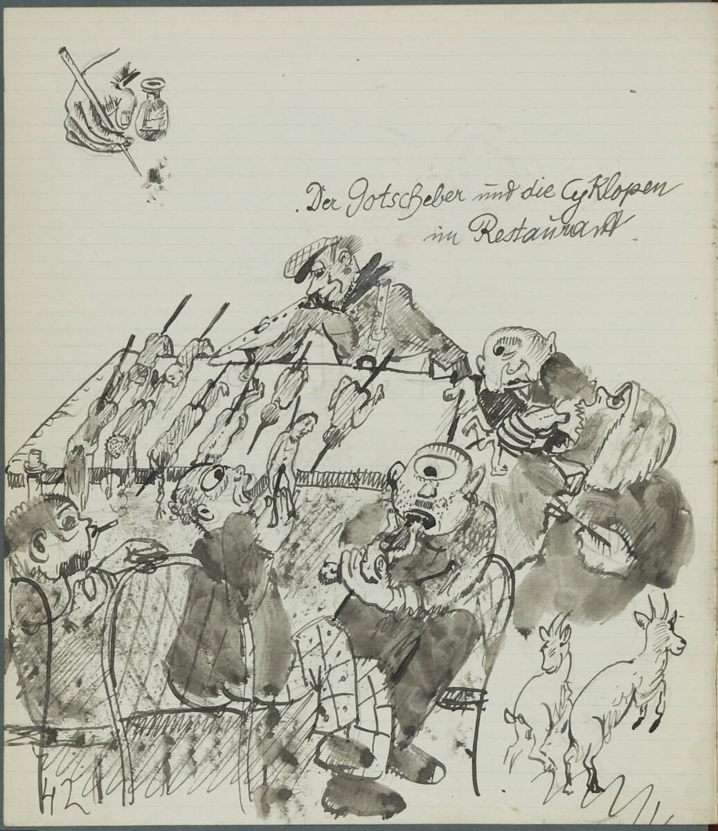 Oskar Laske, "Der Gotscheber und die Zyklopen im Restaurant", Inv. Nr.: 35007/4/42