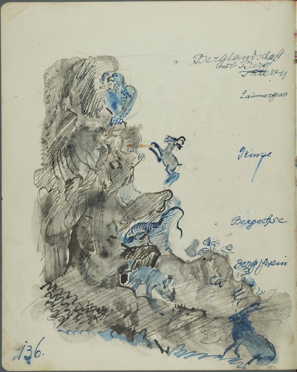 Oskar Laske, Illustration einer Berglandschaft und derer Bewohner, Inv. Nr.: 35007/2/136