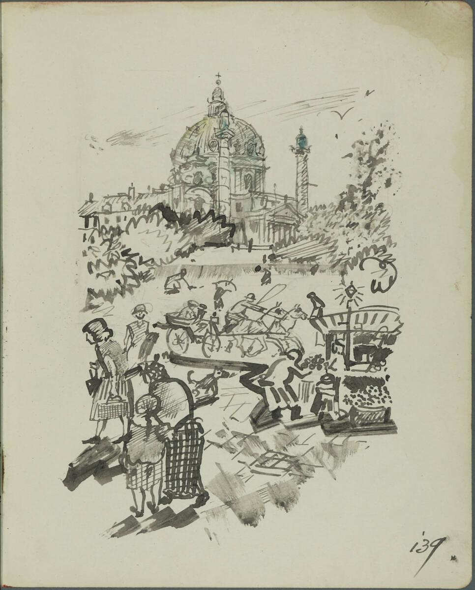 Oskar Laske, Illustration einer belebten Szene vor der Karlskirche, Inv. Nr.: 35007/2/139